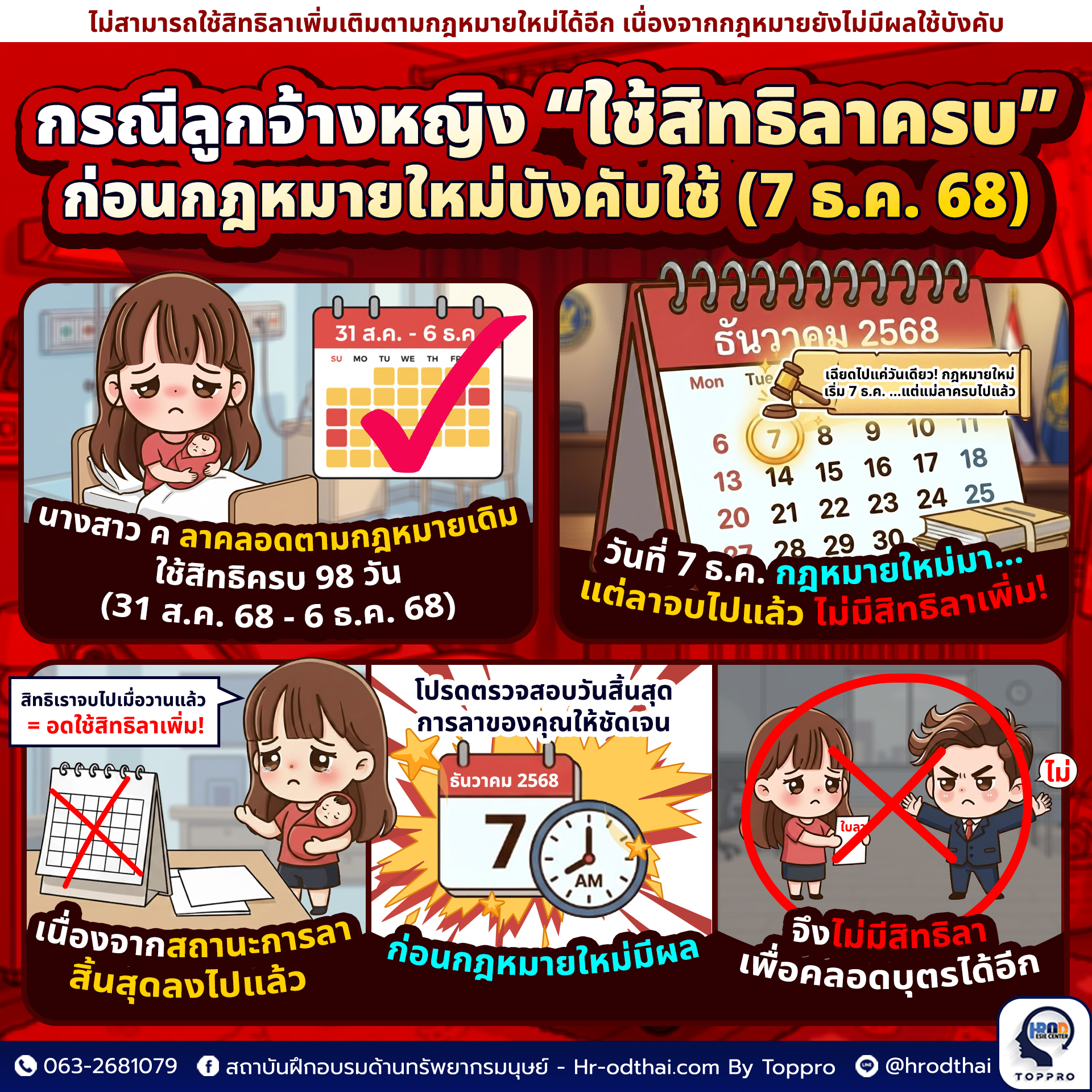 กรณีลูกจ้างหญิงใช้สิทธิลาตามกฎหมายฉบับเดิมสิ้นสุดลงก่อนวันที่ ๗ ธันวาคม ๒๕๖๘ ลูกจ้างหญิงย่อมไม่อาจใช้สิทธิลาเพิ่มเติมตามกฎหมายใหม่ได้อีก