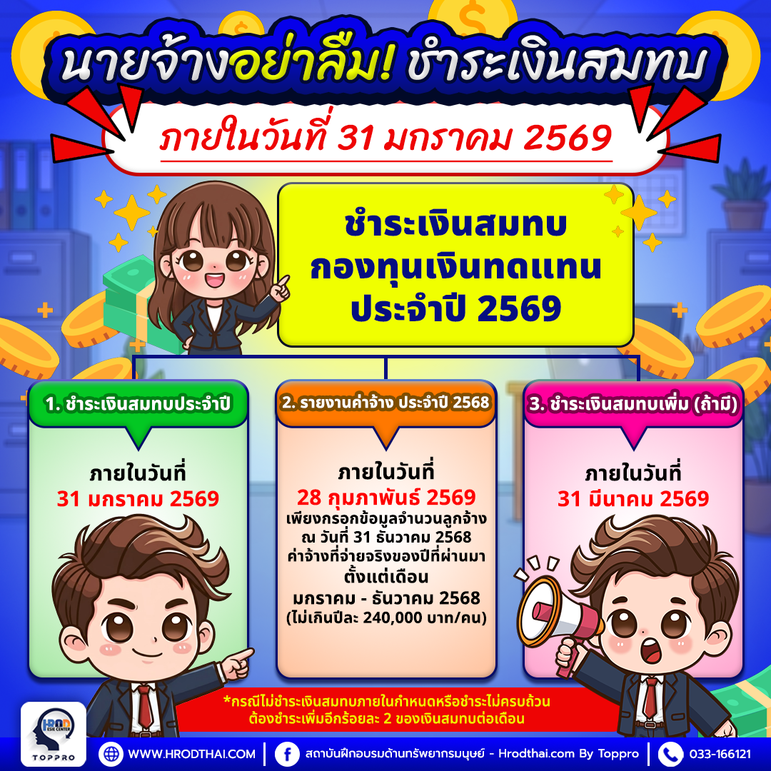 นายจ้างอย่าลืมชำระเงินสมทบ ภายในวันที่ 31 มกราคม 2569